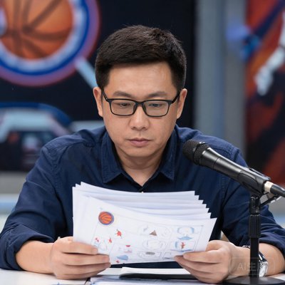 篮球评论员苏群，戴着眼镜专注地看资料